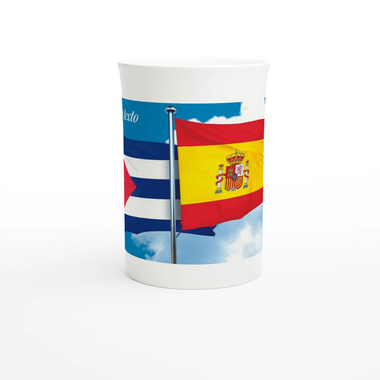 Taza esbelta de porcelana blanca 10 oz con bandera de Cuba y España - Personaliza con tu nombre o texto